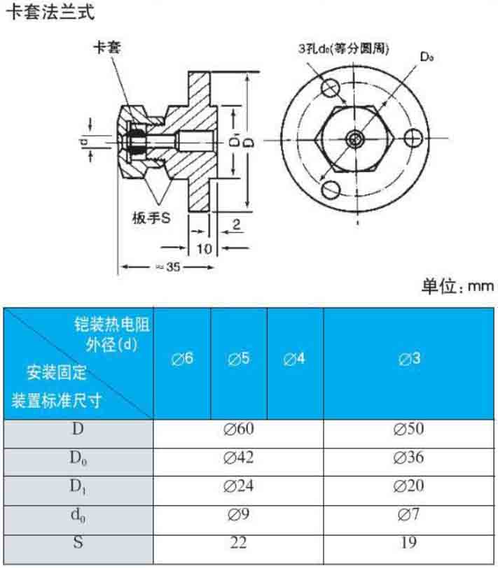 铠装热电阻卡套法兰式安装尺寸图